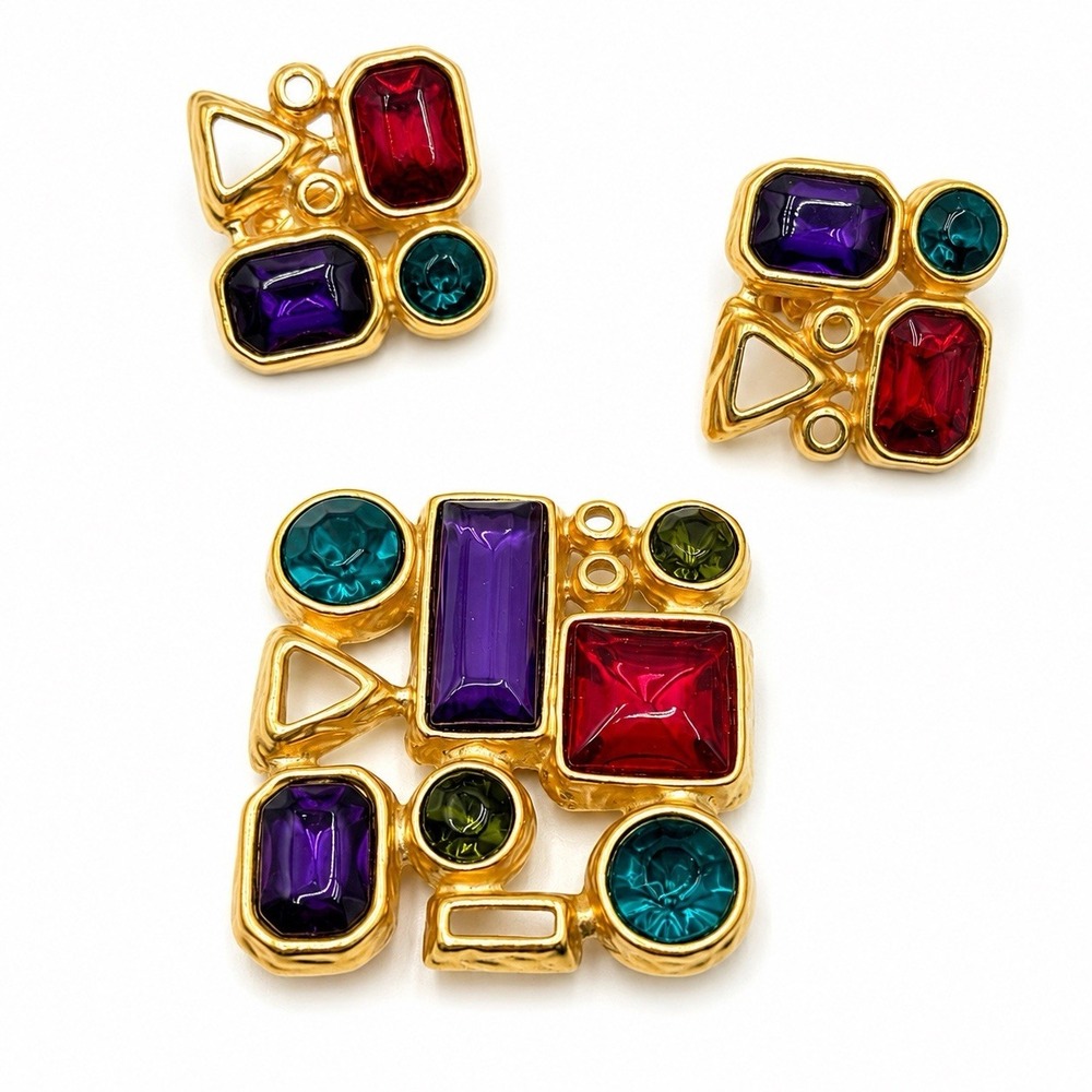 Vintage TRIFARI Brooch Earrings Set Multicolor Glass Cabochon Gold Tone